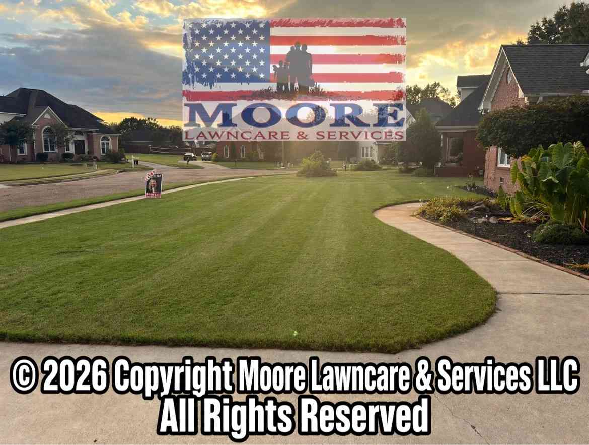A real Moore Lawncare project with a freshly striped lawn at an Alabama home