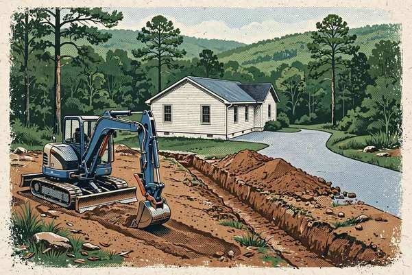 Illustration of an excavator grading soil beside a drainage trench and clean driveway