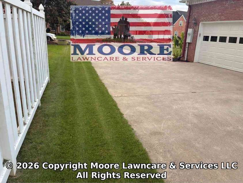 Precisely edged strip of lawn beside a clean driveway